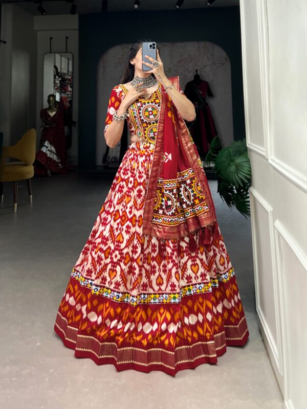 Printed Tussar Silk Lehenga Choli with Gamthi and Mirror Work