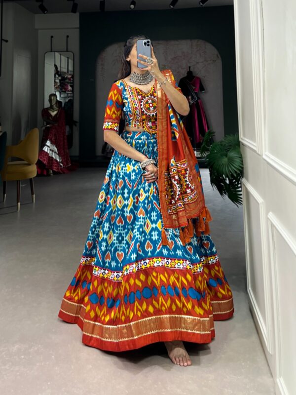 Printed Tussar Silk Lehenga Choli with Gamthi and Mirror Work