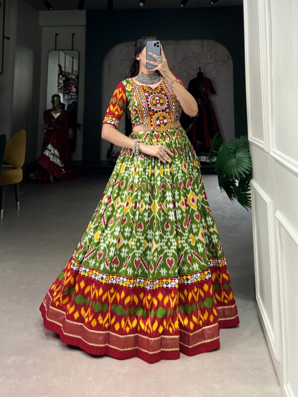 Printed Tussar Silk Lehenga Choli with Gamthi and Mirror Work