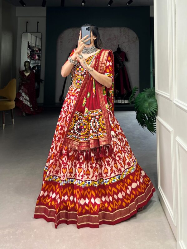 Printed Tussar Silk Lehenga Choli with Gamthi and Mirror Work