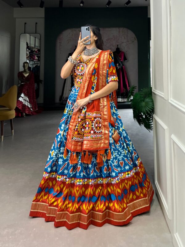 Printed Tussar Silk Lehenga Choli with Gamthi and Mirror Work