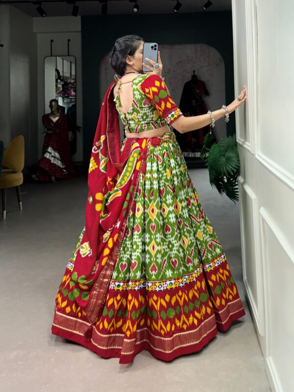 Printed Tussar Silk Lehenga Choli with Gamthi and Mirror Work