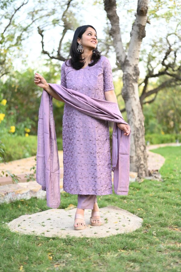 Pure Crape Silk Lilac Minimalist Three-Piece Suit with Full Embroidery and Chanderi Dupatta, Available in Sizes 36-46