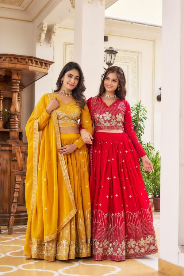 Festival Lehenga Choli in Heavy Fox Georgette with Embroidery Sequence Work, Dupatta, and Fully Stitched Blouse in Red and Yellow