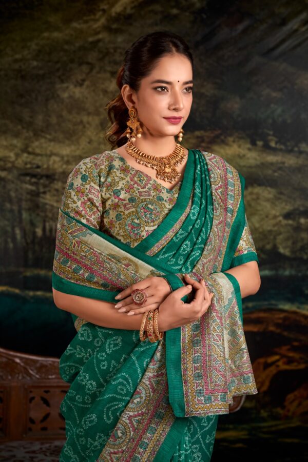 Green Silk Saree with Madhubani and Bandhej Fusion Print