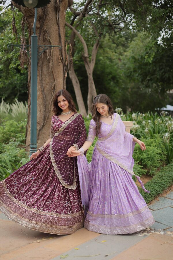 Elegant Jequard Lehenga Choli with Sequins Embroidery in Wine and Lavender