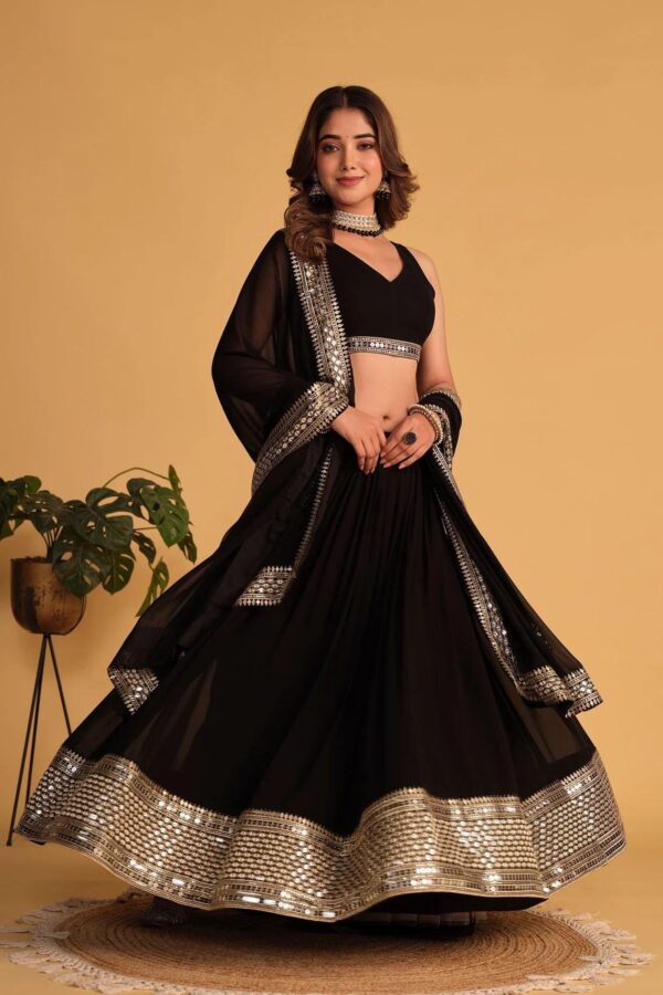 Traditional dyeable Lehenga Choli set with 7mm sequins embroidery, featuring faux blooming fabric, Dori Latkan details, and a dupatta with lacework.