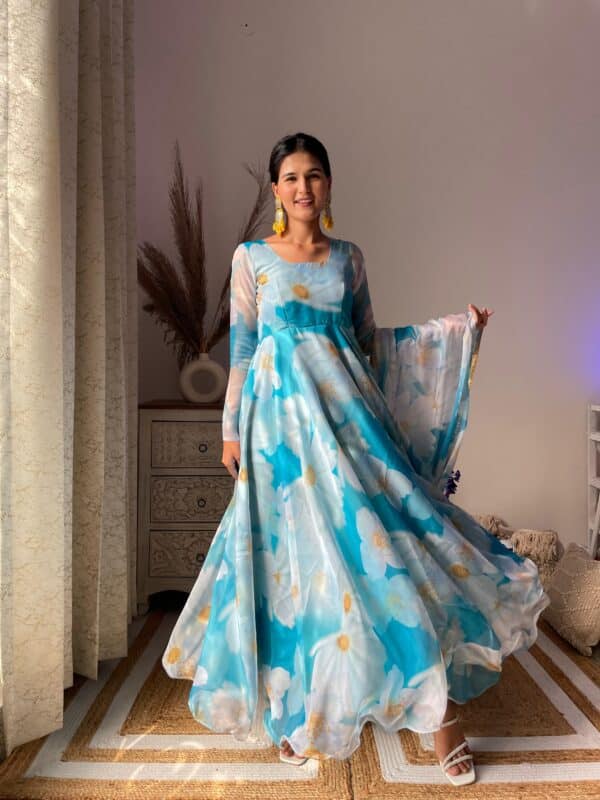 Party Wear Organza Taby Silk Gown with Dupatta and Bottom