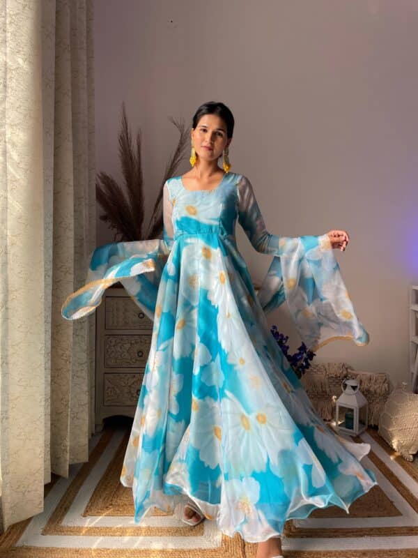 Party Wear Organza Taby Silk Gown with Dupatta and Bottom