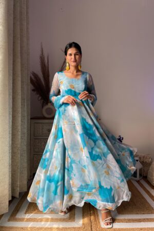 Party Wear Organza Taby Silk Gown with Dupatta and Bottom