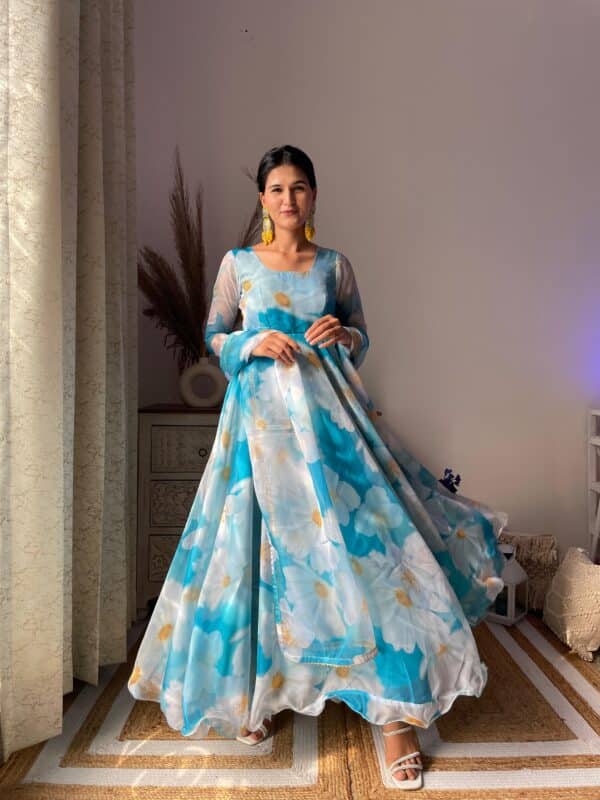 Party Wear Organza Taby Silk Gown with Dupatta and Bottom