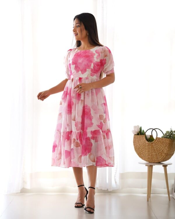 Fully stitched Organza Silk floral print one-piece dress with 4.5-meter flair, lightweight and perfect for summer occasions.