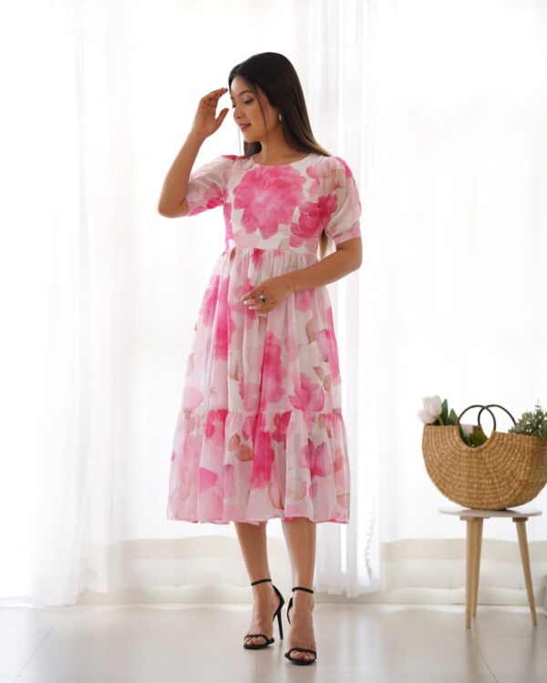 Fully stitched Organza Silk floral print one-piece dress with 4.5-meter flair, lightweight and perfect for summer occasions.