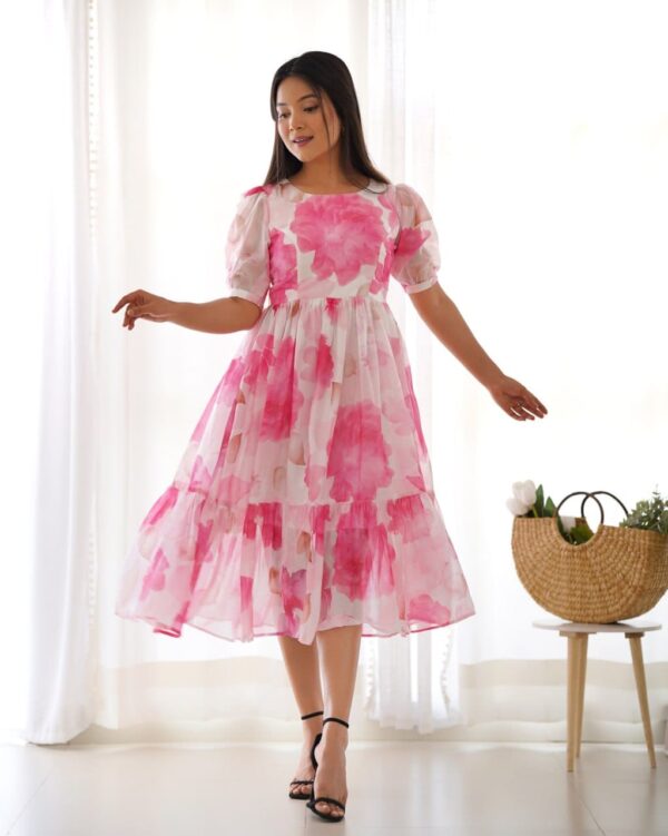 Fully stitched Organza Silk floral print one-piece dress with 4.5-meter flair, lightweight and perfect for summer occasions.