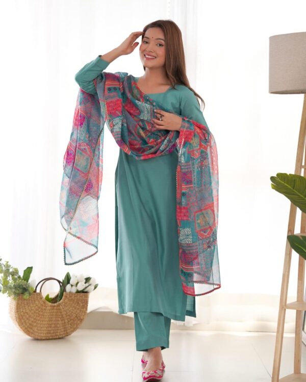 Pure soft viscose straight-fit kurta set with floral print dupatta and matching pant, perfect for summer and office wear.