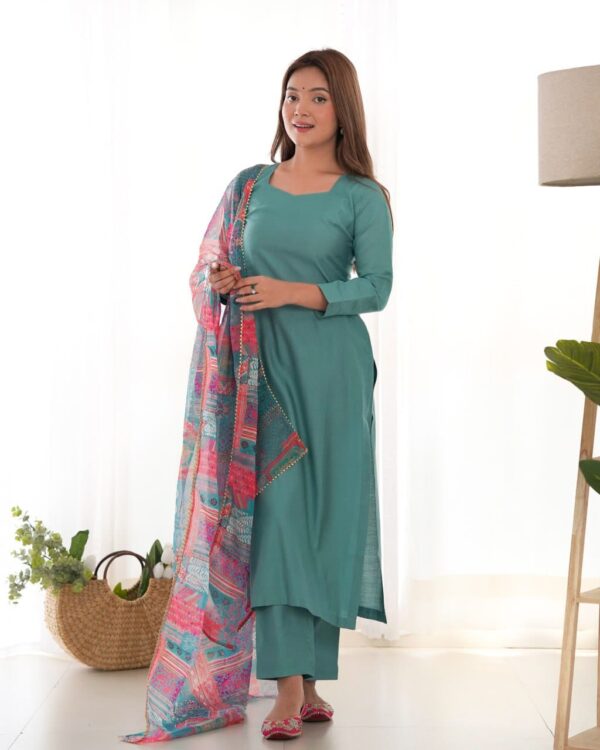 Pure soft viscose straight-fit kurta set with floral print dupatta and matching pant, perfect for summer and office wear.