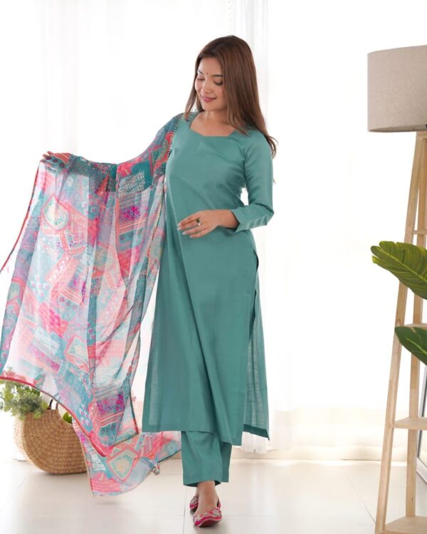 Pure soft viscose straight-fit kurta set with floral print dupatta and matching pant, perfect for summer and office wear.