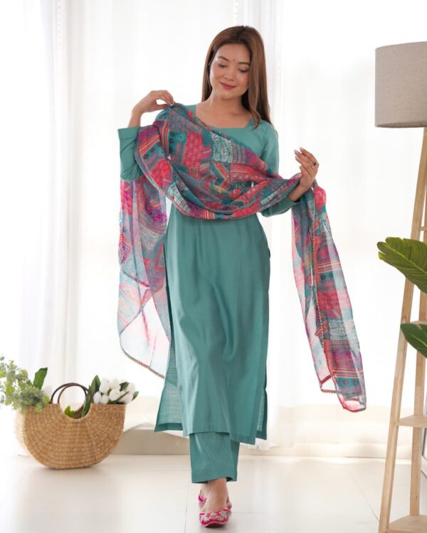 Pure soft viscose straight-fit kurta set with floral print dupatta and matching pant, perfect for summer and office wear.