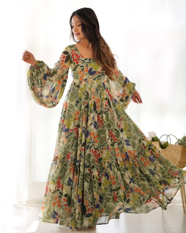 Pure soft fox georgette floral print maxi dress with balloon sleeves and a 6-meter flair, perfect for summer festivities and weddings.