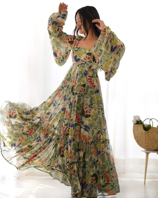 Pure soft fox georgette floral print maxi dress with balloon sleeves and a 6-meter flair, perfect for summer festivities and weddings.