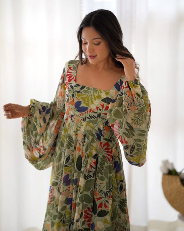 Pure soft fox georgette floral print maxi dress with balloon sleeves and a 6-meter flair, perfect for summer festivities and weddings.