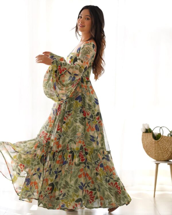 Pure soft fox georgette floral print maxi dress with balloon sleeves and a 6-meter flair, perfect for summer festivities and weddings.