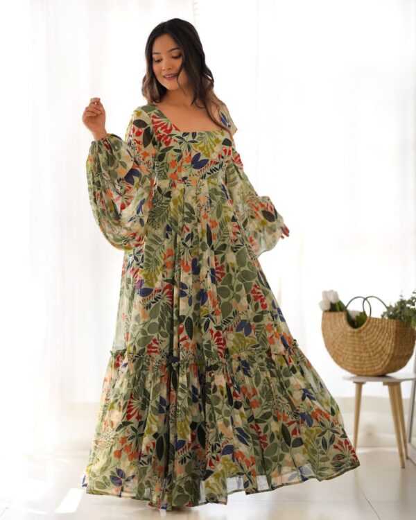 Pure soft fox georgette floral print maxi dress with balloon sleeves and a 6-meter flair, perfect for summer festivities and weddings.